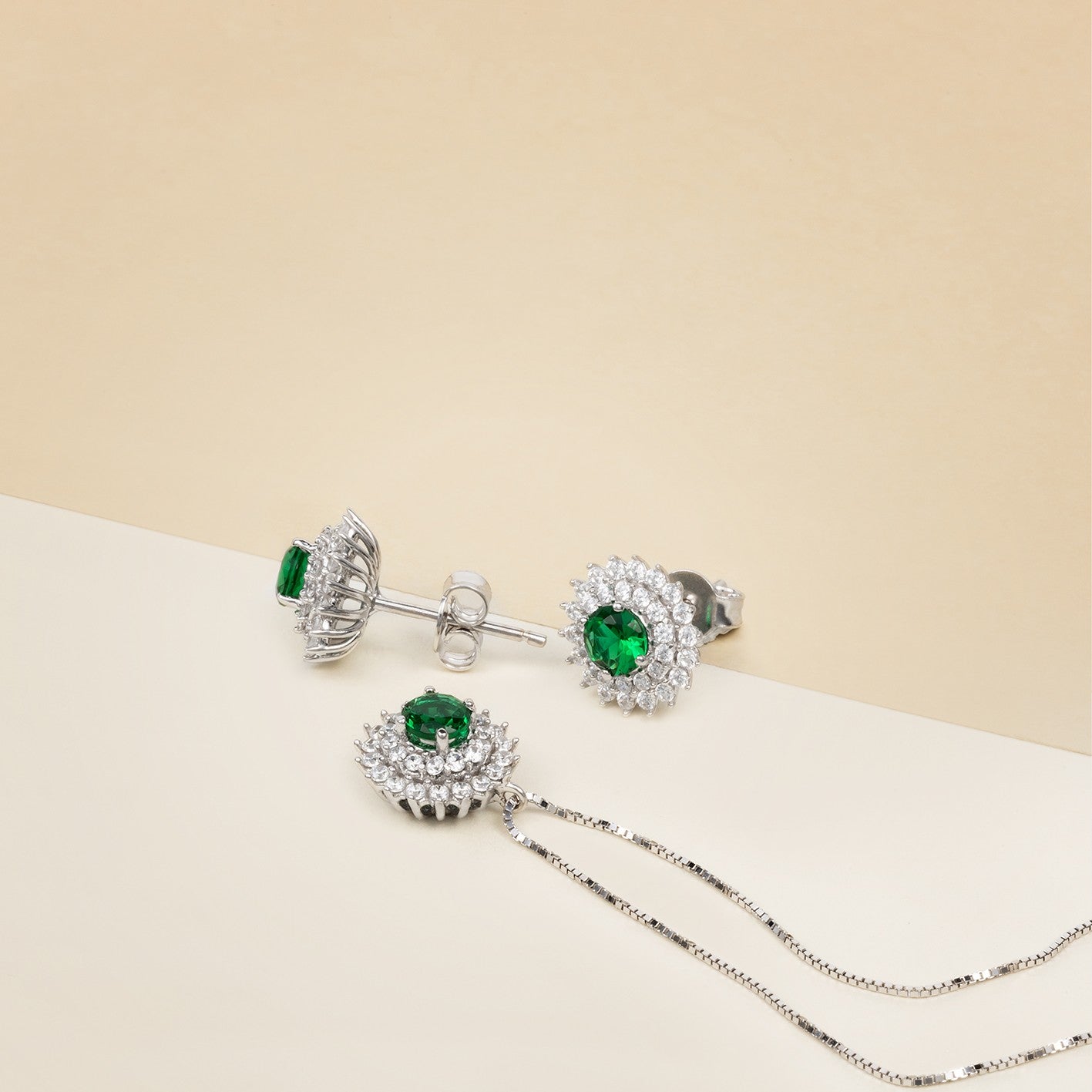 Orecchini e pendente KATE centrale pietra verde e zirconi - Orecchini e pendente