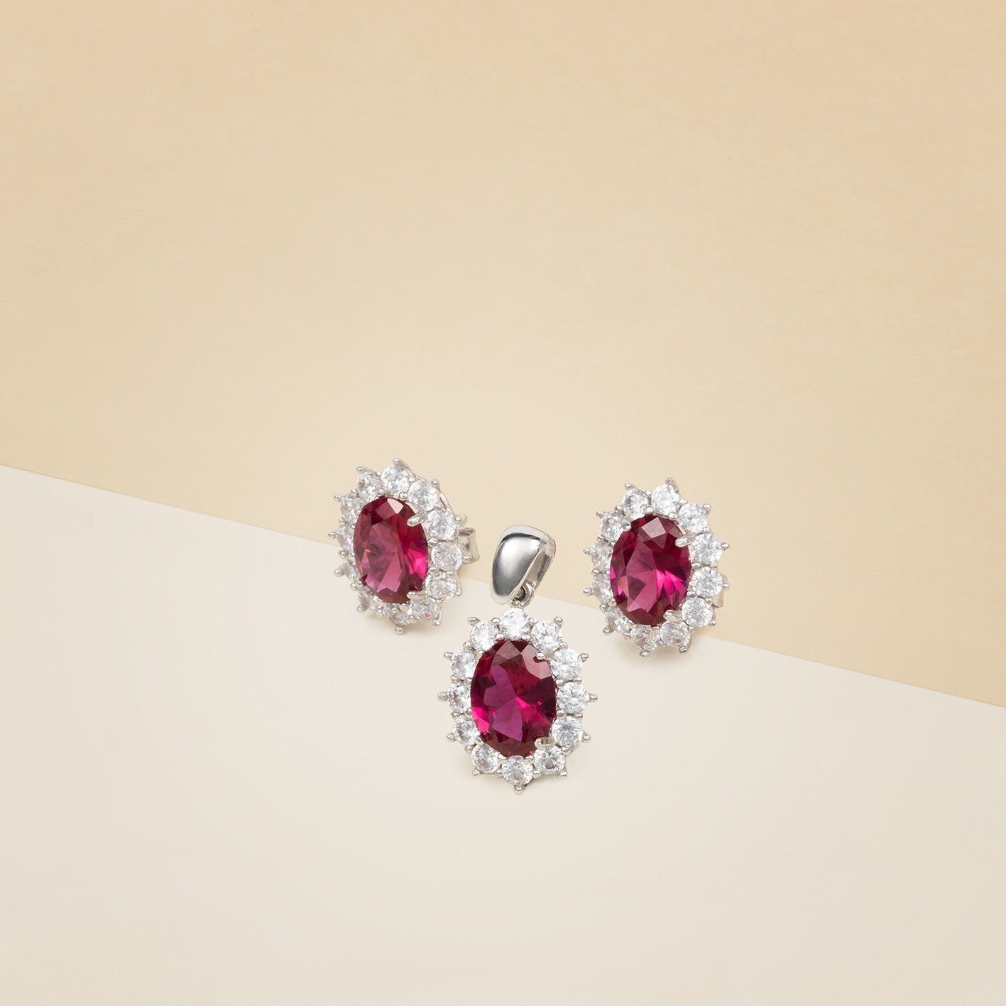 Orecchini e pendente KATE centrale pietra rossa e zirconi - Orecchini e pendente