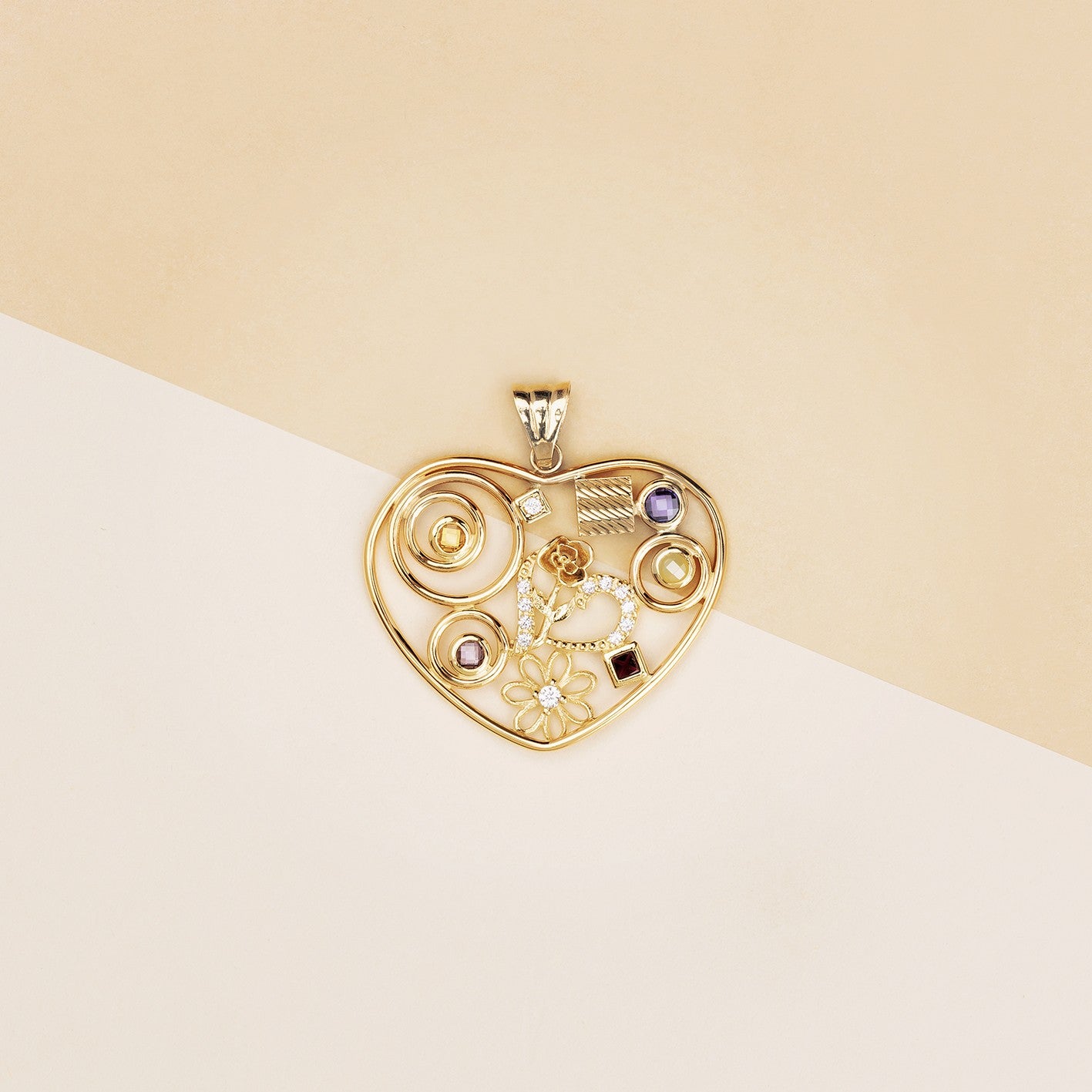 Pendente cuore fantasy con pietre colorate - Ciondolo