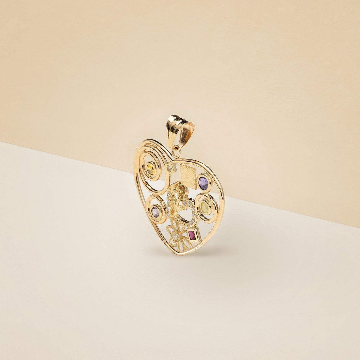 Pendente cuore fantasy con pietre colorate - Ciondolo