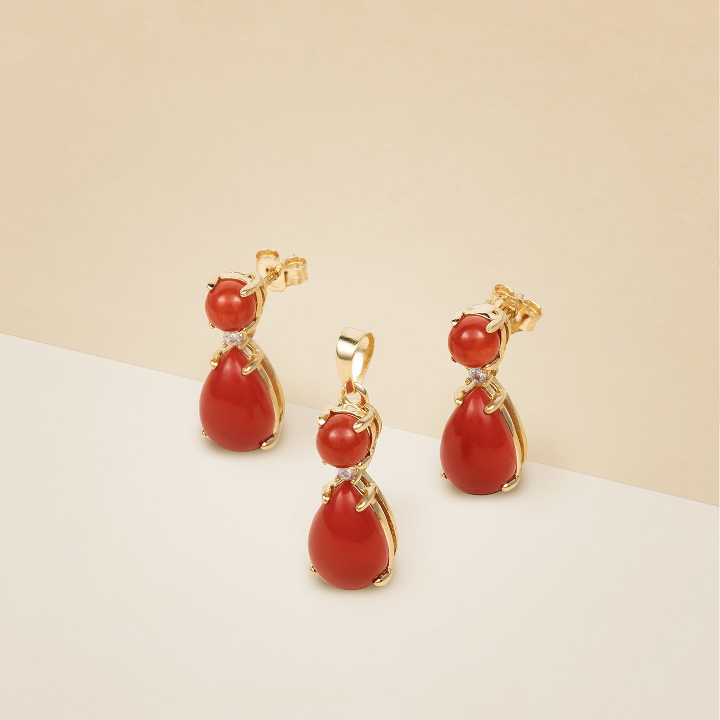 Orecchini e pendente corallo rosso a goccia - Orecchini e pendente