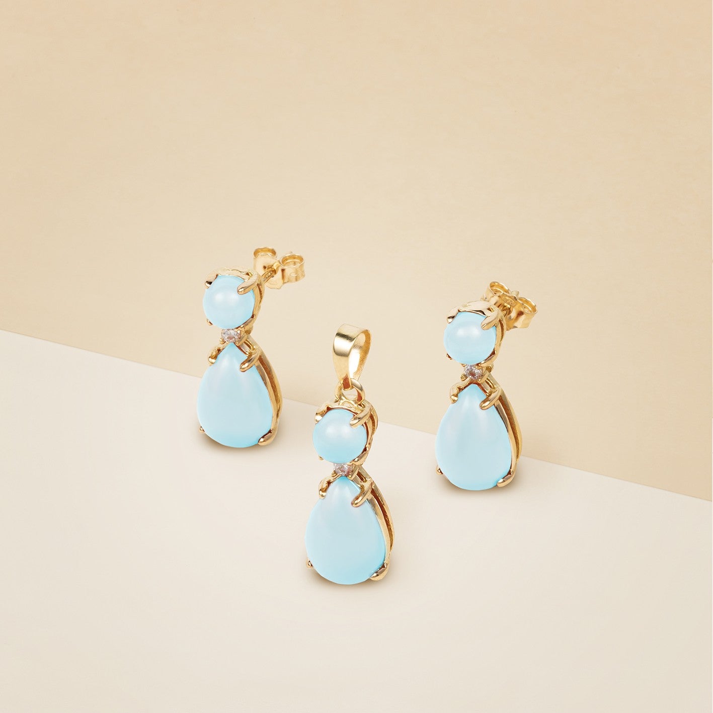 Orecchini e pendente corallo turchese a goccia - Orecchini e pendente